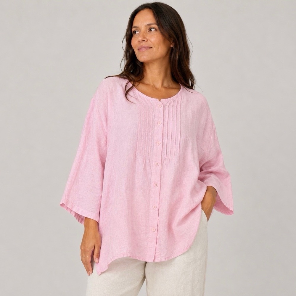 FLAX Pink 100% Linen Oversized Button Pleats Shirt Lagenlook Tunic Pockets LARGE